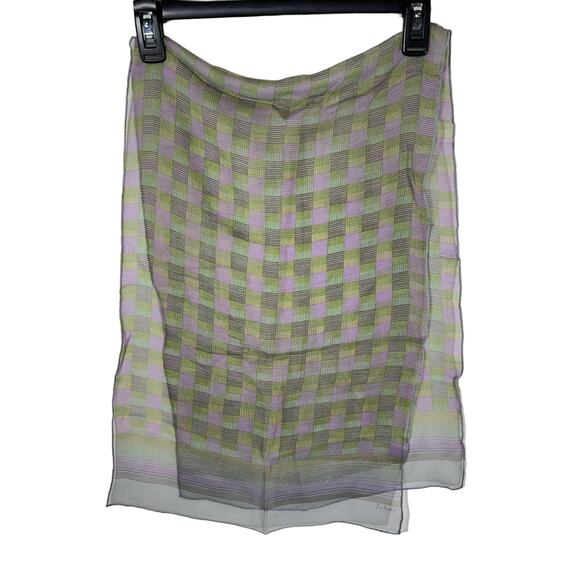 Vintage Echo Scarf, Sheer Green and Purple Plaid, Long Rectangle Retro - Picture 5 of 6